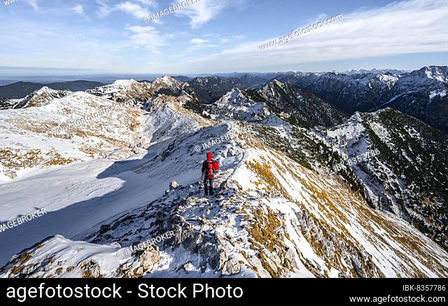 Climbers on the narrow rocky snowy ridge of the Ammergauer Hochplatte, view towards Lösertaljoch, view of mountain panorama, hiking to the Ammergauer Hochplatte