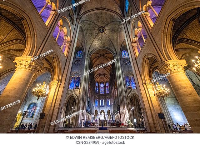 Interior of Notre-Dame de Paris, medieval gothic cathedral in Paris, France, a few weeks before destruction by fire