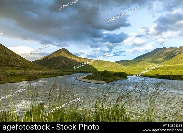 Mountains and river landscape in Kyrgyzstan