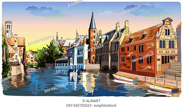 View on Rozenhoedkaai water canal in Bruges, Belgium. Landmark of Belgium. Colorful vector hand drawing illustration isolated on white background