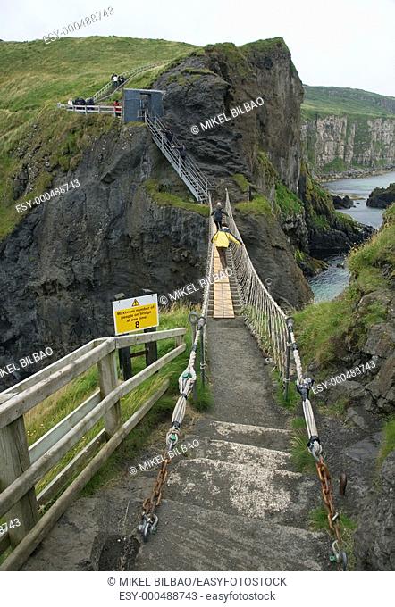 suspension bridge in Carrick-a-Rede, in 'Causeway Route' Ballintoy, County Antrim, Northern Ireland coast, Europe