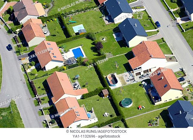 Aerial view of a modern, recent and new housing estate in a french village , Lorraine, France