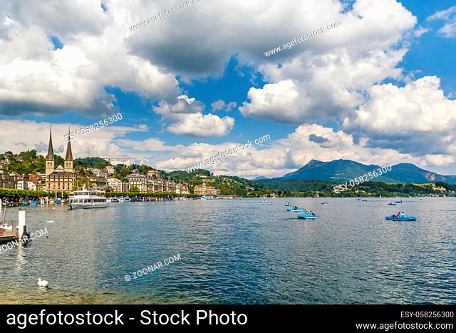 View of Lucerne with Church of St. Leodegar from lake, Switzerland