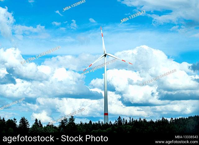 A pinwheel above a forest against a blue sky with clouds