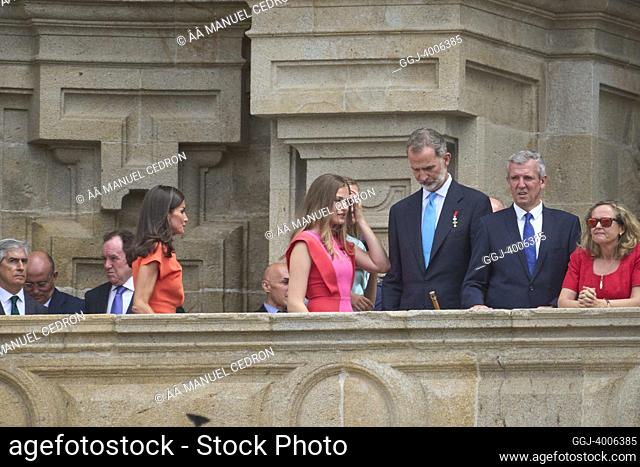 King Felipe VI of Spain, Queen Letizia of Spain, Crown Princess Leonor, Princess Sofia visit Santiago de Compostela during National Offering to the Apostle at...