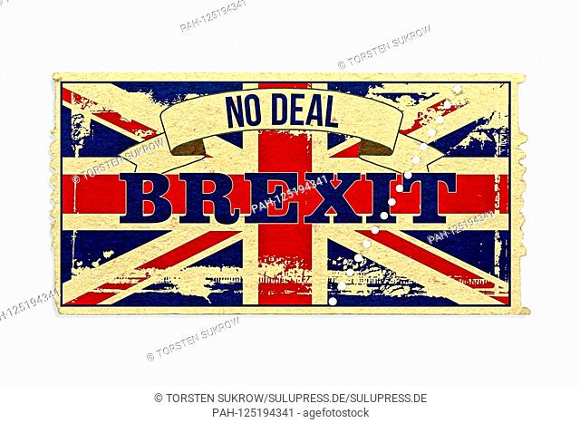 Symbolic picture of the forthcoming BREXIT on 31.10.2019. The Union Jack on a paper ticket with scratches and the words ""No Deal"" and the words ""BREXIT""