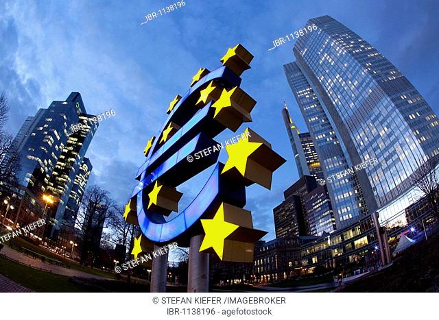 European Central Bank, right, with the euro symbol and Dresdner Bank, left, in Frankfurt am Main, Hesse, Germany, Europe