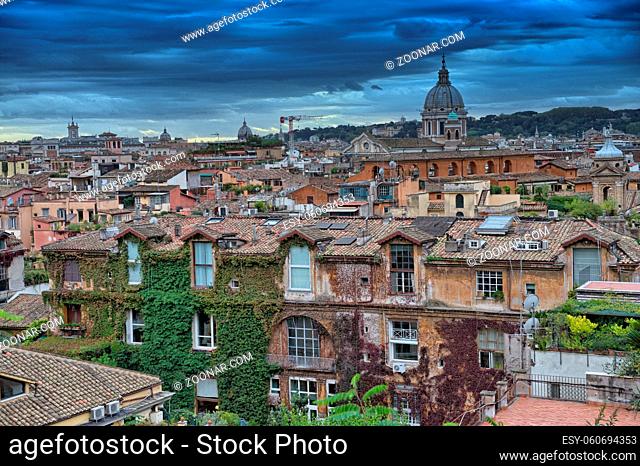 Panoramic view of Rome from Pincio Promenade, St Peter Square on background