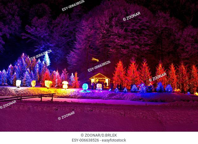 Christmas lights on chapel and trees