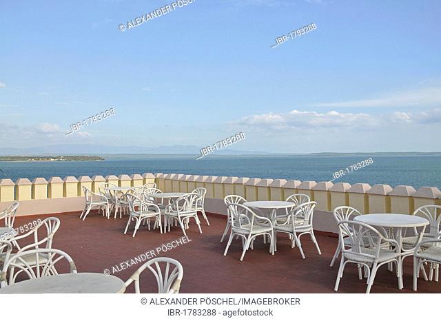 Sea view from the terrace of the Palacio del Valle, Punta Gorda peninsula, Cienfuegos, Cuba, Caribbean, Central America
