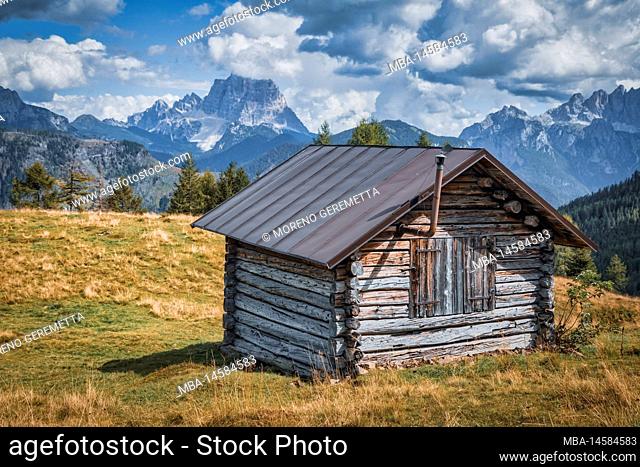 Italy, Veneto, province of Belluno, Rocca Pietore, Laste alm. Rustic lonely wooden cabin on a green high mountain plateau in Dolomites
