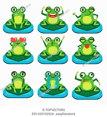 Frogs Sitting On Leaf Flat Vector Icons Collection In Cute Girly Style Isolated On White Background