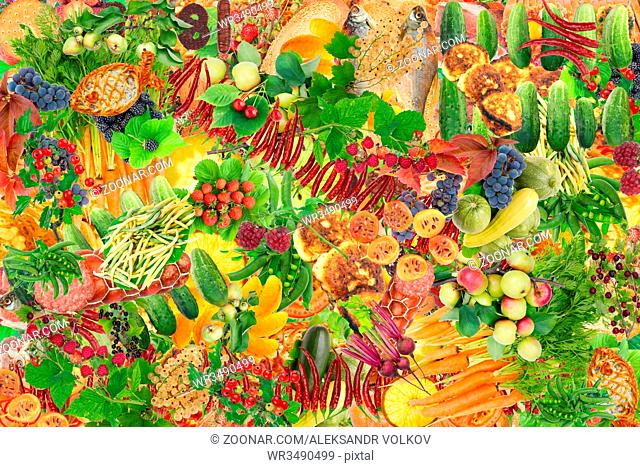 Simple healthy fresh food - fruits, vegetables, pastries and meat background. Abstract handmade collage