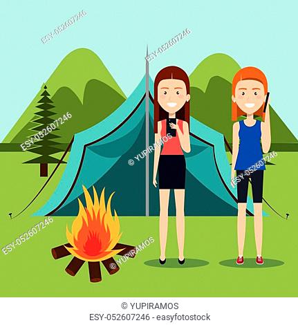 girls with smartphones in the camping zone vector illustration design
