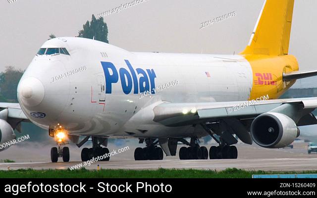 ALMATY, KAZAKHSTAN - MAY 4, 2019: Cargo Airplane Polar Air Boeing 747 taxiing before departure. Almaty International Airport, Kazakhstan