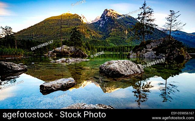 The lake Hintersee in the bavarian Alps at Ramsau in Germany