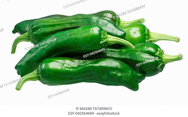Pile of Shishito chiles, a Japanese pickle peppers, whole fresh pods (Capsicum annuum). Clipping path