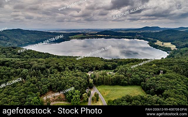11 June 2020, Rhineland-Palatinate, Wassenach: Lake Laughing, aerial view with a drone. The Eifel volcanism is still active
