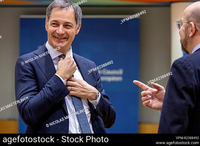 Prime Minister Alexander De Croo and European Council President Charles Michel pictured during a European council summit, in Brussels, Friday 15 December 2023
