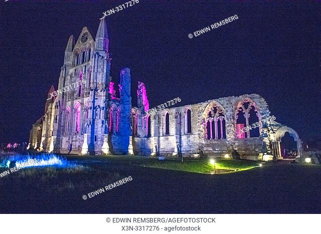 Lights from the Whitby Abbey at the Dracula festival on Halloween in Yorkshire, UK