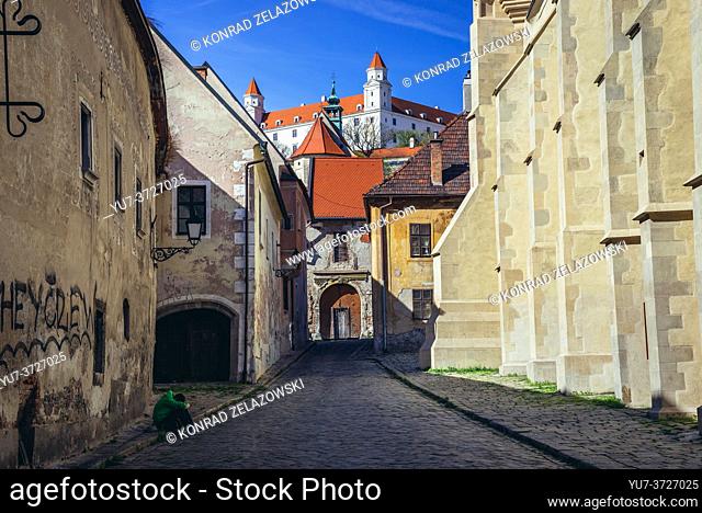 Bratislava Castle and fragemnt of Clarissine Church on the right side on the Old Town in Bratislava, Slovakia