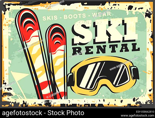 Ski rental retro winter sign design for winter vacation destination ski resorts. Equipment for winter snow sports and activities