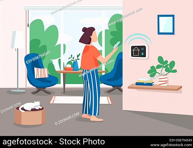 Smart home management panel flat color vector illustration. Young woman using smartphone 2D cartoon character with automated apartment on background