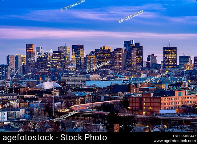 Boston Cityscape with highway trail to Boston MA USA at night