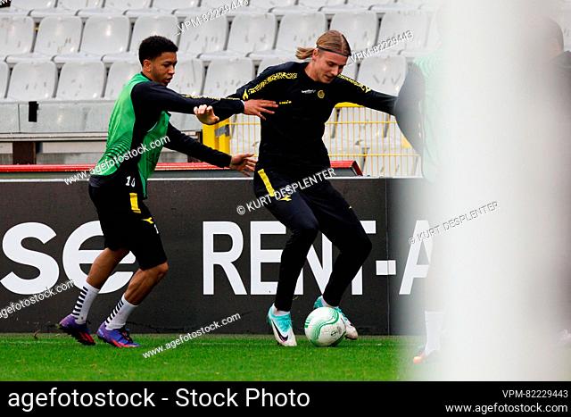Glimt 's Daniel Bassi and Glimt 's Isak Amundsen pictured in action during a training session of Norwegian club Bodo Glimt, Wednesday 13 December 2023 in Brugge