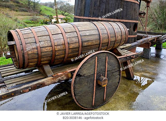 Garlia, Barrel in trolley transportation, Cider barrels, Sidreria Petritegi, Astigarraga, Gipuzkoa, Basque Country, Spain, Europe