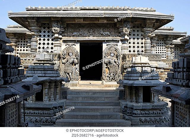 Small towers and dwarapla at the Shantaleswara shrine, Hoysaleshvara Temple, Halebid, Karnataka, india, View from East