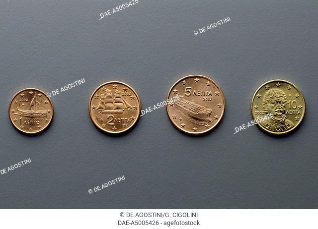 1 cent, 2 cent, 5 cent and 10 cent euro coins, issued in Greece, 2002, obverse depicting 5th century BC Athenian trieme, 19th century corvette