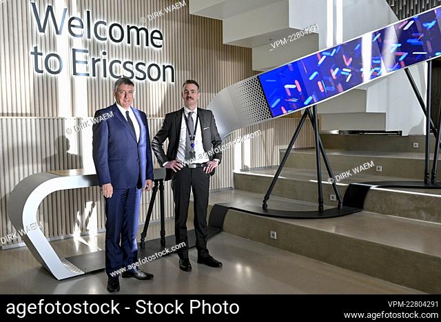 Flemish Minister President Jan Jambon and Carl Jeding, Ericsson's director of government and Industry relations pictured during a visit to Ericsson company in...