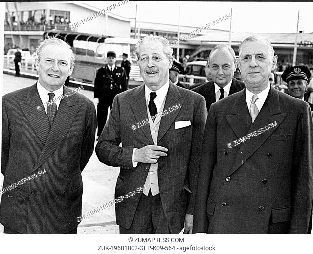 June 30, 1958 - Paris, France - Prime Minister HAROLD MACMILLAN and SELWYN LLOYD are welcomed to Paris at Orly Airport by President CHARLES DE GAULLE