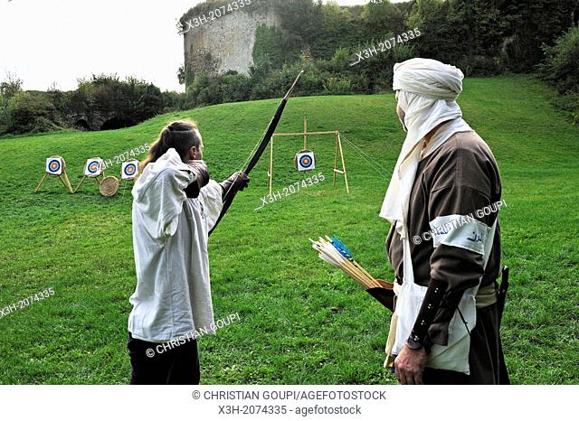 bowmen in the moat of the Chateau, one of the largest fortified medieval castle in Europe, Sedan, Ardennes department, Champagne-Ardenne region, France, Europe