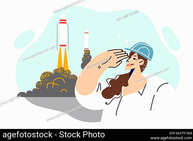 Woman stands near shuttles taking off into space and waves hand, seeing off astronauts on long expedition. Girl engineer works at cosmodrome and looks with...