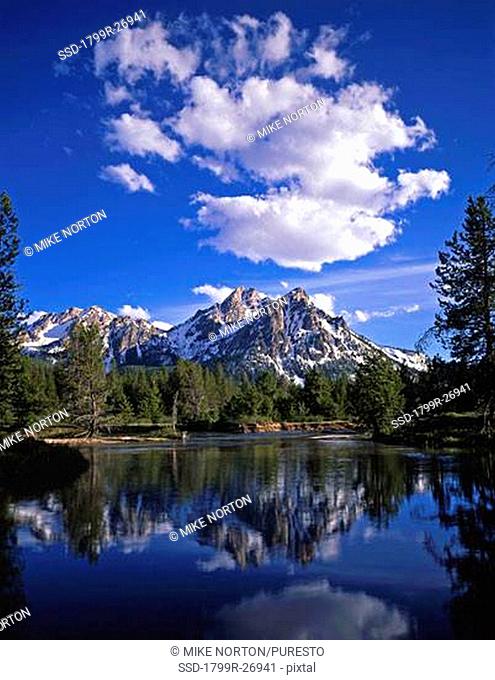 Reflection of a mountain in a lake, Mt McGown, Sawtooth National Forest, Idaho, USA
