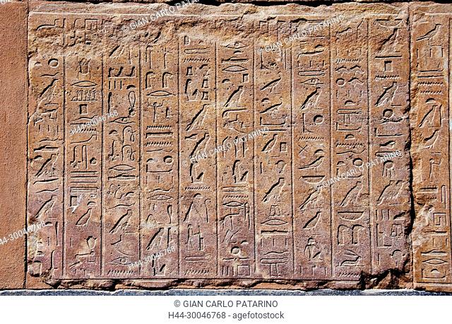 Luxor, Karnak, Egypt, incised blocks making up part of the reconstructed red chapel or Chapelle Rouge of Queen Hatshepsut ( New Kingdom 1567-1080) in Open Air...