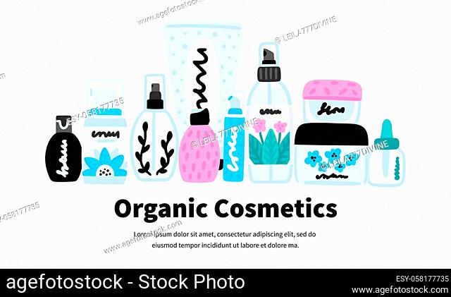 Vector cosmetic products. Natural cosmetics. Beauty care. Many jars and bottles. Facial skin care. Online store. Landing page template