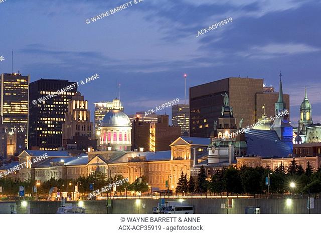 Night view towards Bonsecours Market from Old Port in Old Montreal, Quebec, Canada