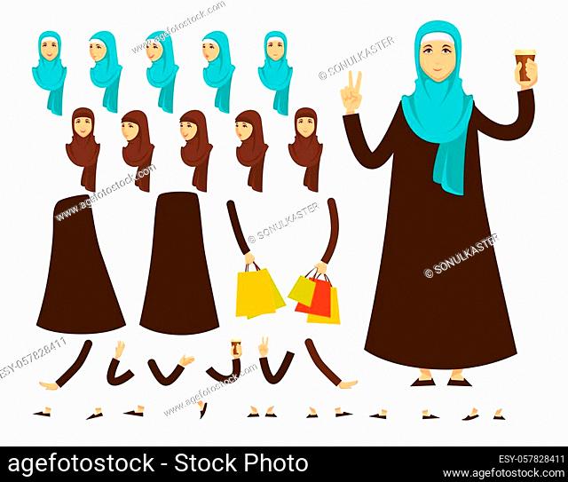 Girl or arab woman constructor heads and body parts isolated female character dress and packagings coffee cup shawl and gown hands and faces peace sign and...