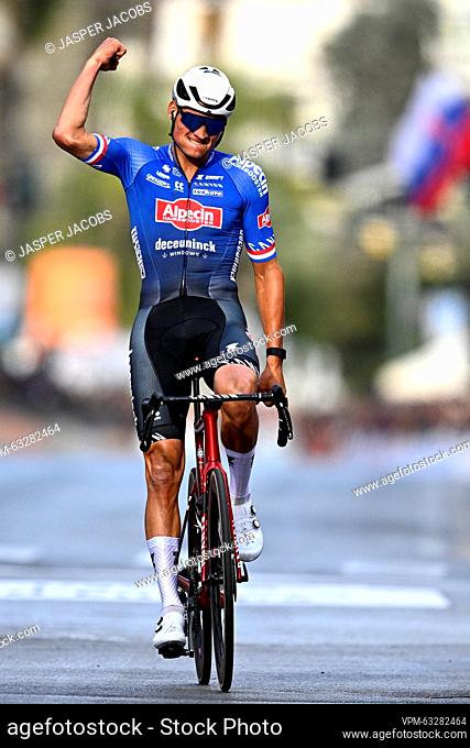Dutch Mathieu van der Poel of Alpecin-Deceuninck celebrates after winning the 'Milano-Sanremo' one day cycling race, 294km from Milan to Sanremo, Italy