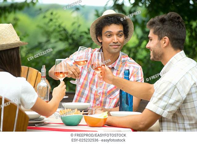 Group of Friends Enjoying Drink, Outdoor, serving rose wine