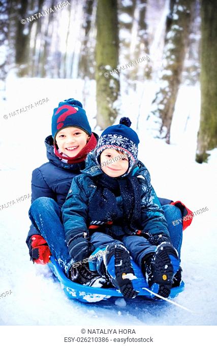 two happy brothers on sled