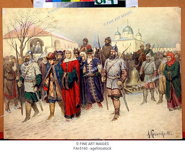 Martha the Mayoress Escorted to Moscow. Kivshenko, Alexei Danilovich (1851-1895). Watercolour on paper. Russian Painting of 19th cen. . 1880