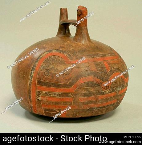 Double Spout and Bridge Bottle with Feline and Bird. Date: 7th-5th century B.C; Geography: Peru; Culture: Paracas; Medium: Ceramic
