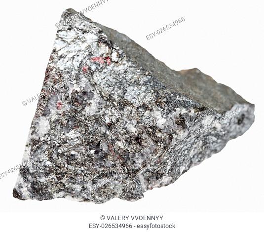macro shooting of natural mineral stone - piece of stibnite (antimonite, antimony ore) isolated on white background