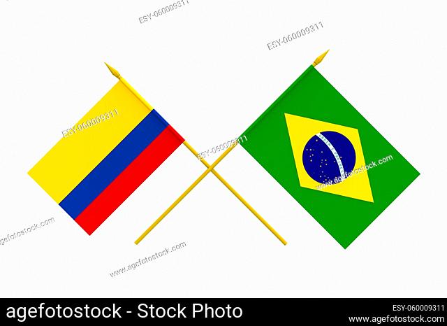 Flags of Brazil and Colombia, 3d render, isolated on white