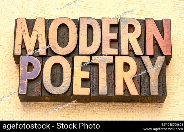 modern poetry word abstract in vintage letterpress wood type