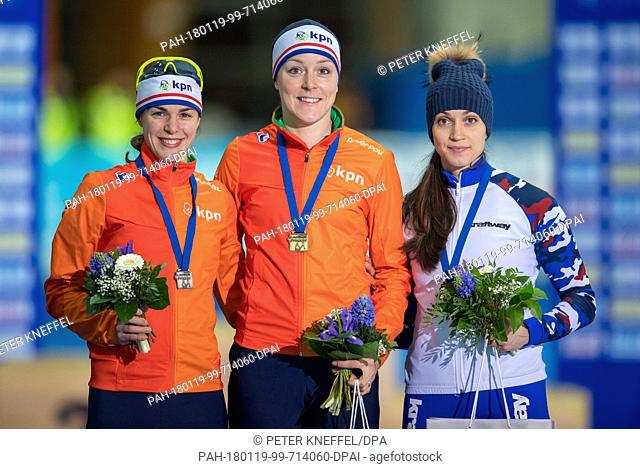 Marrit Leenstra (2nd place/Netherlands) (L-R), Jorien Ter Mors (1st place/Netherlands) and Yekaterina Shikhova (3rd place/Russia) during the award ceremony for...